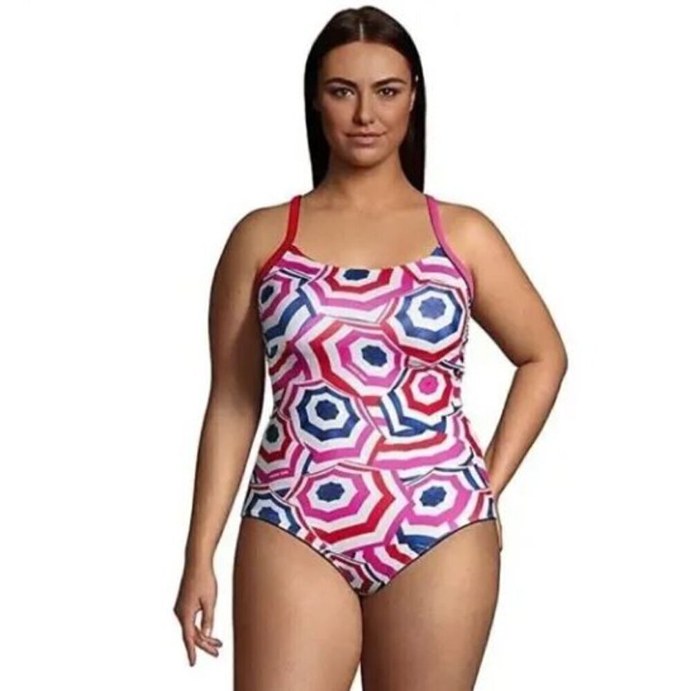 Lands' End Pink and Blue Geometric One Piece Swimsuit